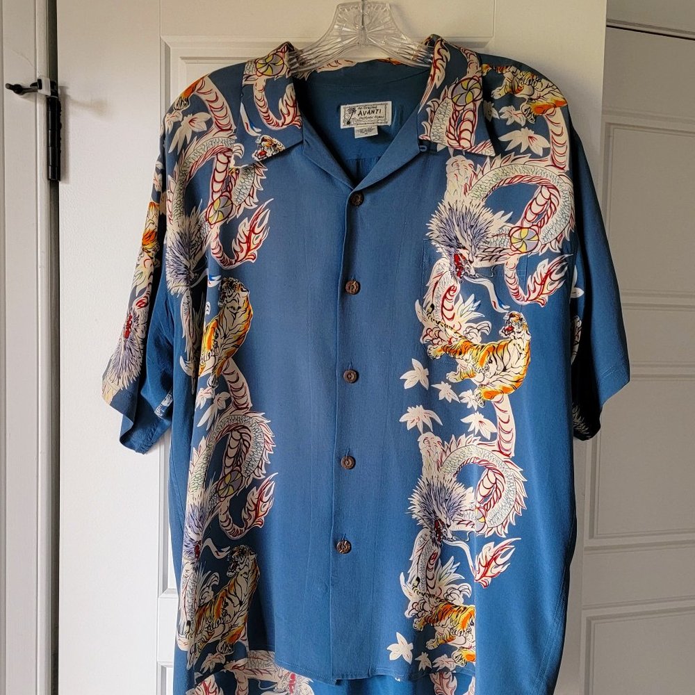 Authentic Avanti Silk Hawaiian Shirt -  Blue, Dragons and Tigers, Mens Sz M